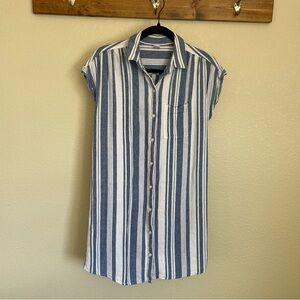 Old Navy Linen Blend Blue & White Striped Button-Up Shirt Dress S Beach Coastal
